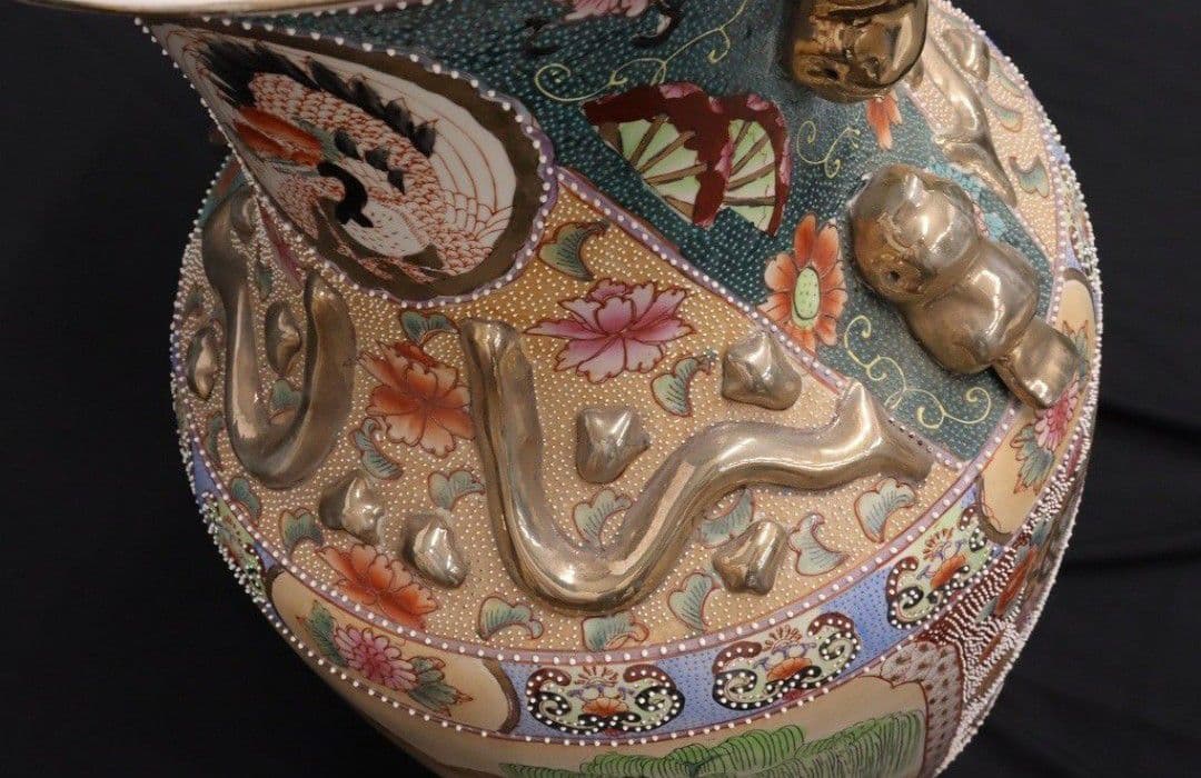 薩摩焼 特大78cm 花瓶 金彩色絵 飾壺 大壷 金襴手 美人画 中国古玩