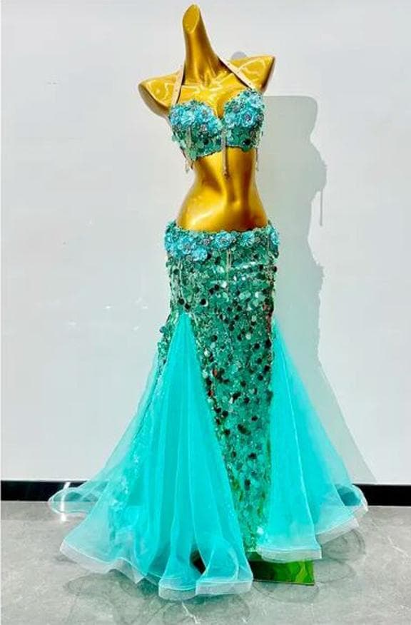 ベリーダンス　オリエンタル衣装　エメラルドブルー　人魚　発表会　スパンコール