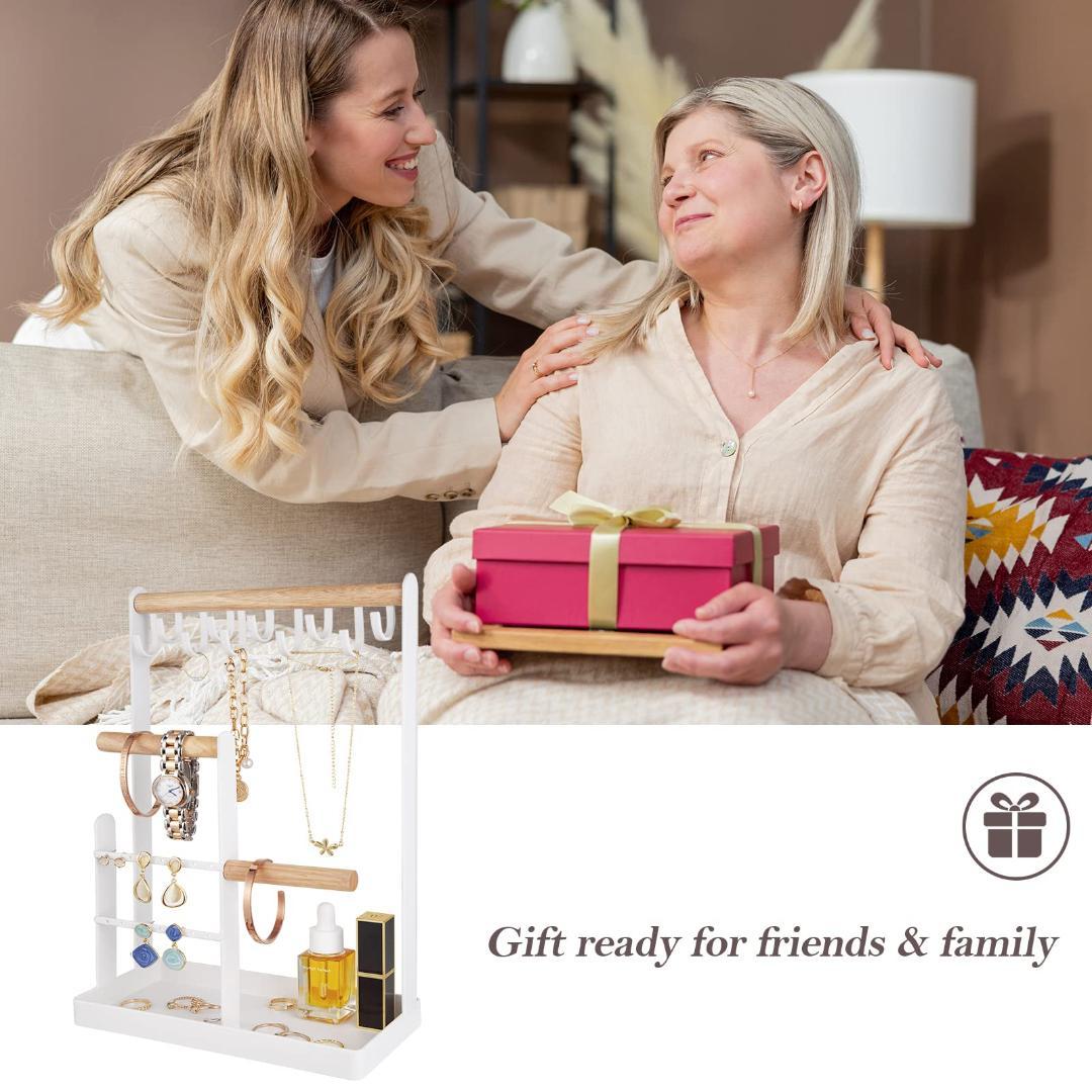 木製バーと10個フックのアクセサリースタンド