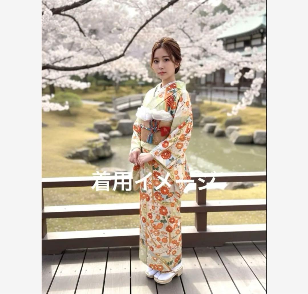 美品豪華刺繍振袖フルセット 鮮やかな花柄 緑・オレンジ