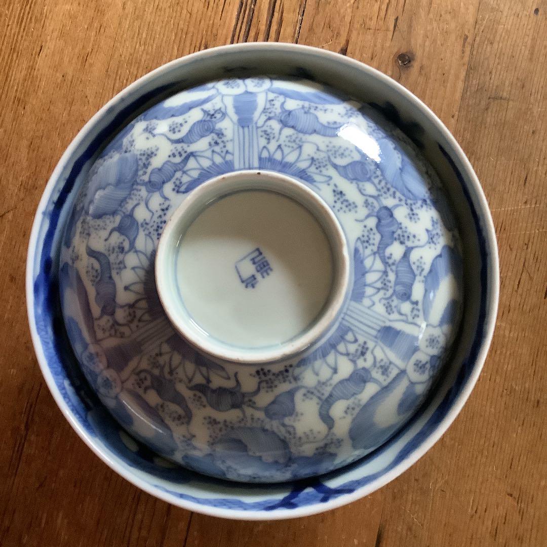 古伊万里☆蓋物大ぶり茶碗☆線描き☆麒麟の図☆江戸後期