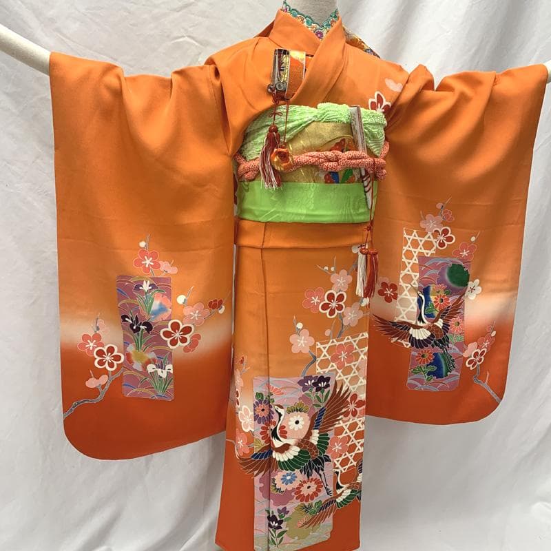 601ag31□七五三 七歳 女児 着物&袋帯 金彩 鶴 枝梅 絵札□美品