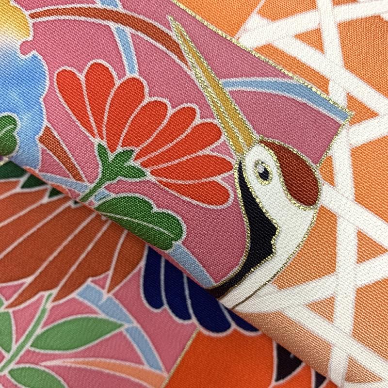 601ag31□七五三 七歳 女児 着物&袋帯 金彩 鶴 枝梅 絵札□美品