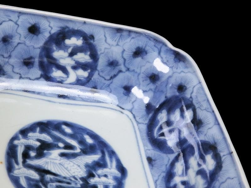 古伊万里　染付　撫子繋ぎ　丸紋に松と鶴の図 四方皿　５客　A055AS-CXs