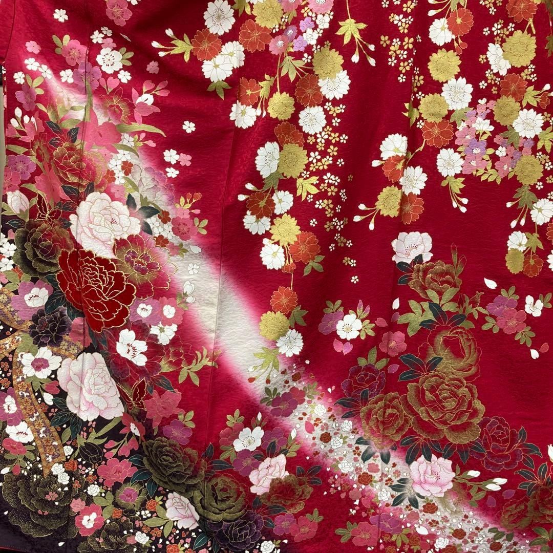 ☆中古品☆振袖　単品　正絹　赤系花模様B級品難あり振袖