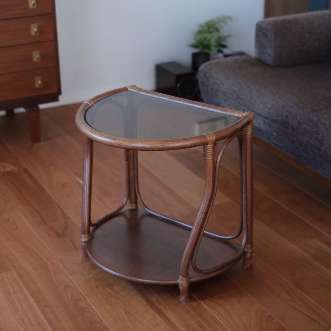 ヴィンテージ　サイドテーブル　シャークアタック　ガラス　コーヒーテーブル　ラタン