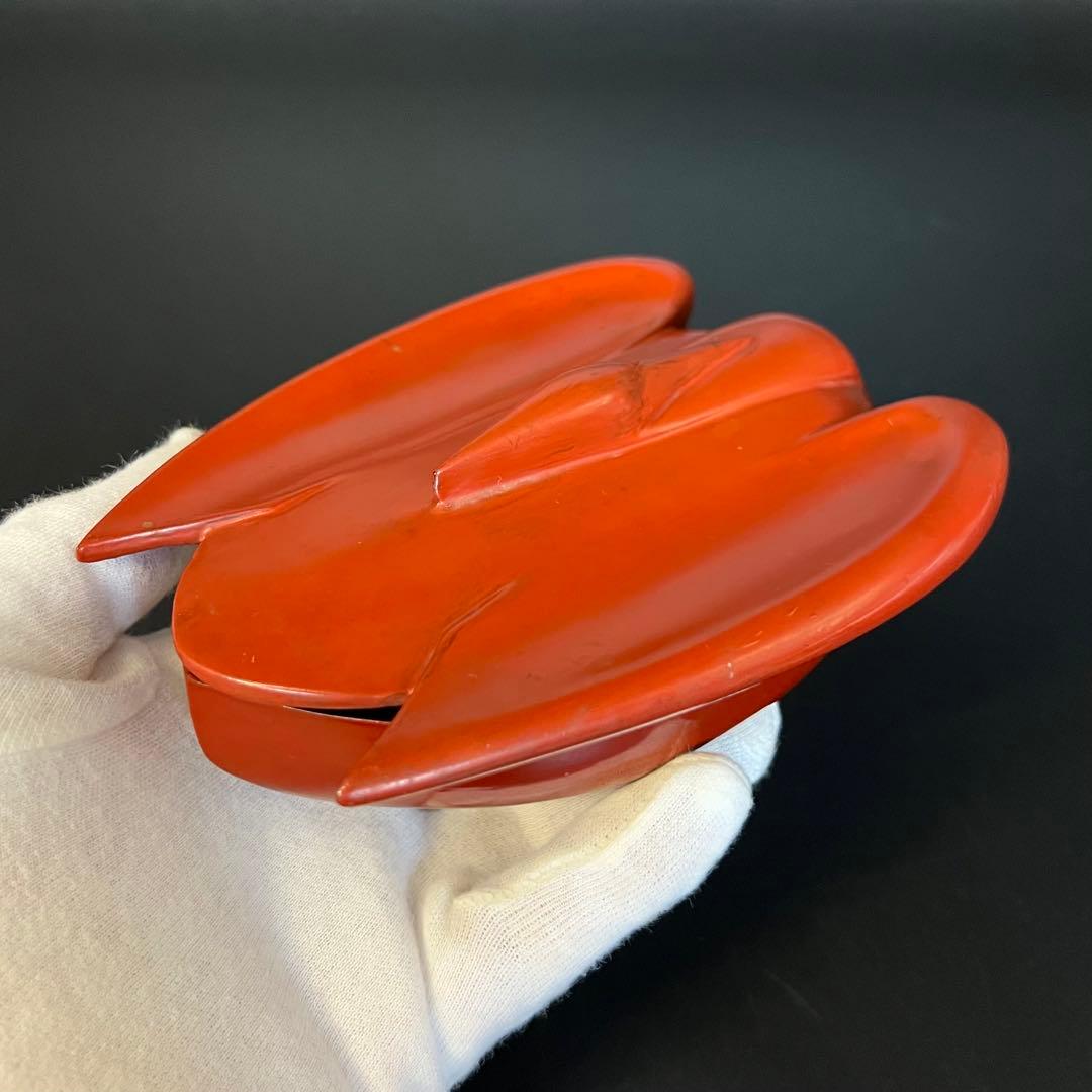 ◎古道具 庵々◎江戸-明治期 輪島塗 鶴形 蓋物◎時代物侘び寂び和置物 朱塗骨董