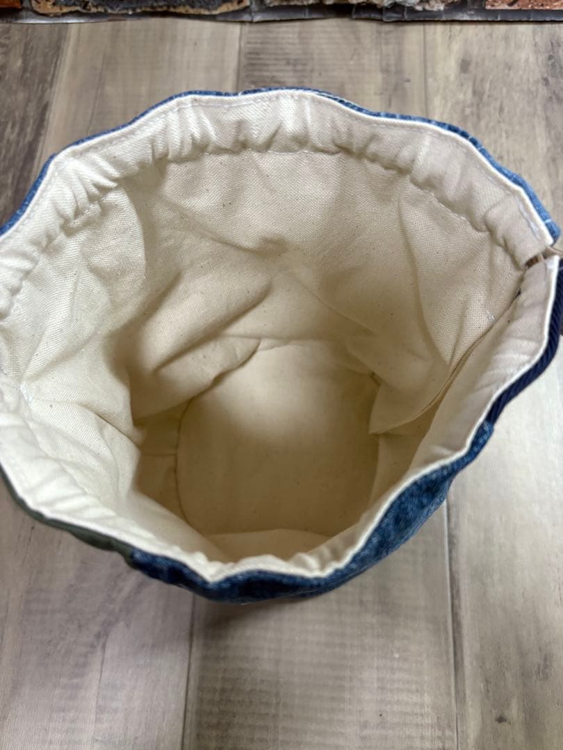 USEDデニム×ビンテージエプロン×本革リメイク　巾着バッグ