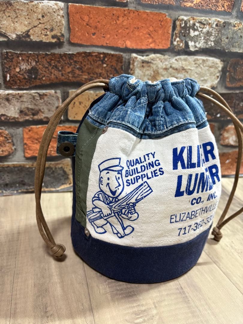 USEDデニム×ビンテージエプロン×本革リメイク　巾着バッグ