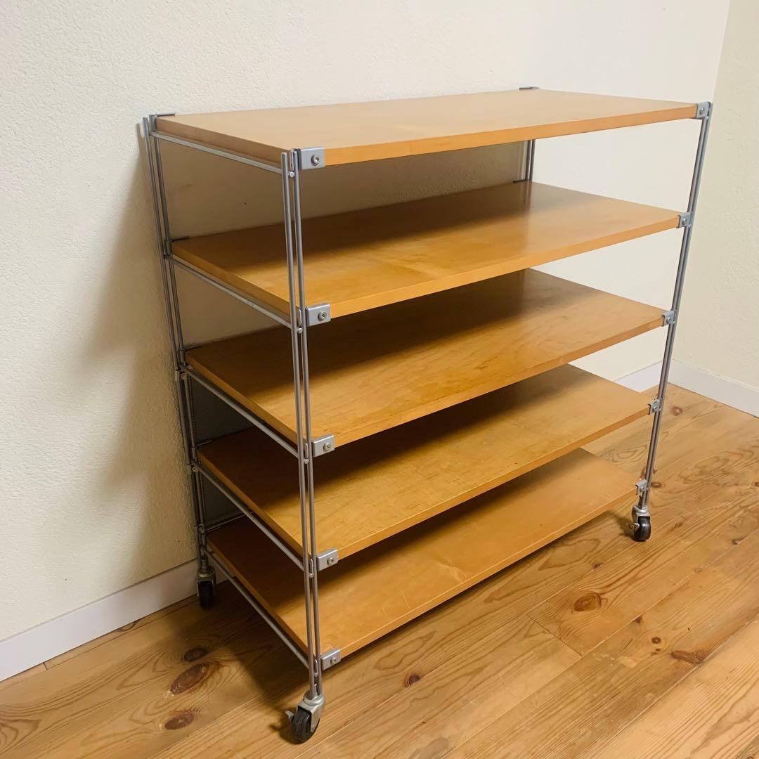 【お値下げ】無印良品 スチールユニットシェルフ5段タモ材棚キャスター付/ミニ帆立