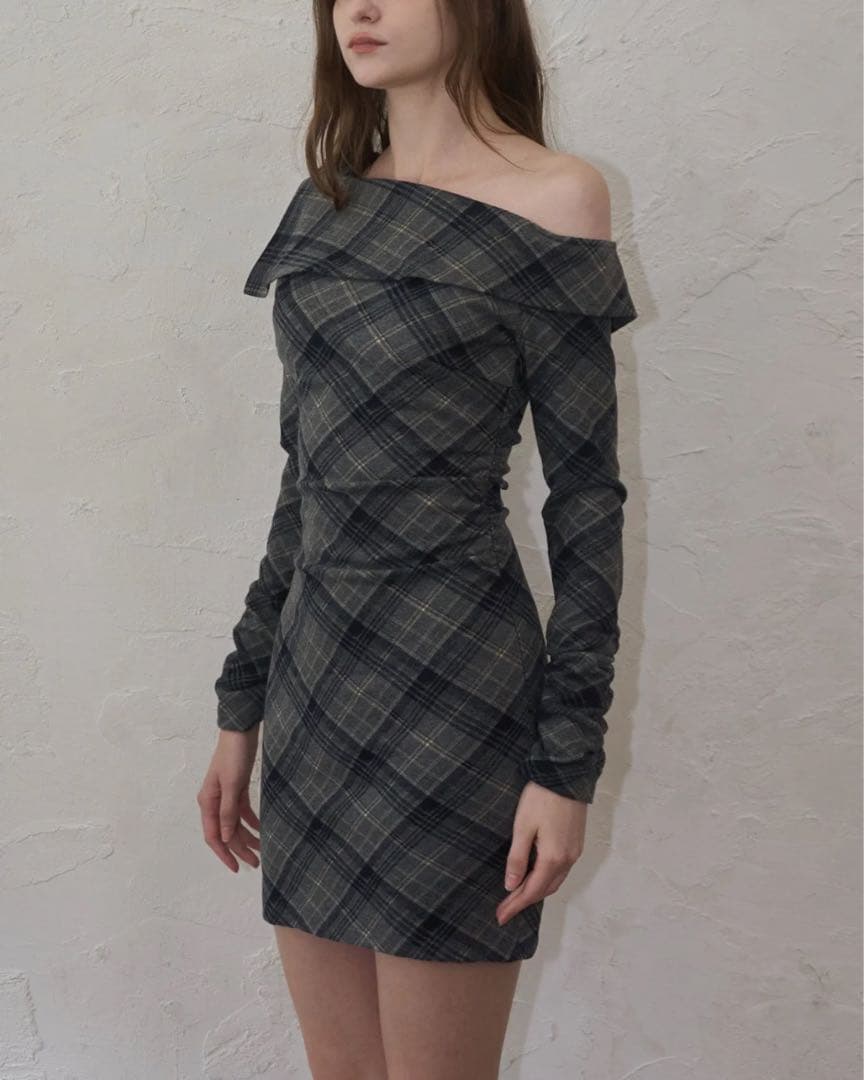 ワンピース YILON ONE-SHOULDER CHECK MINI OP