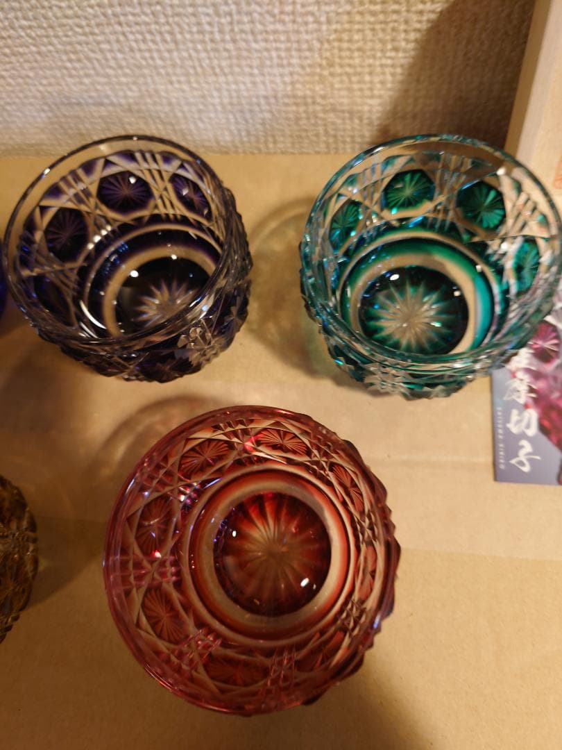 【未使用】薩摩切子　薩摩びーどろ工芸作　五色五客　色被せ　切子猪口