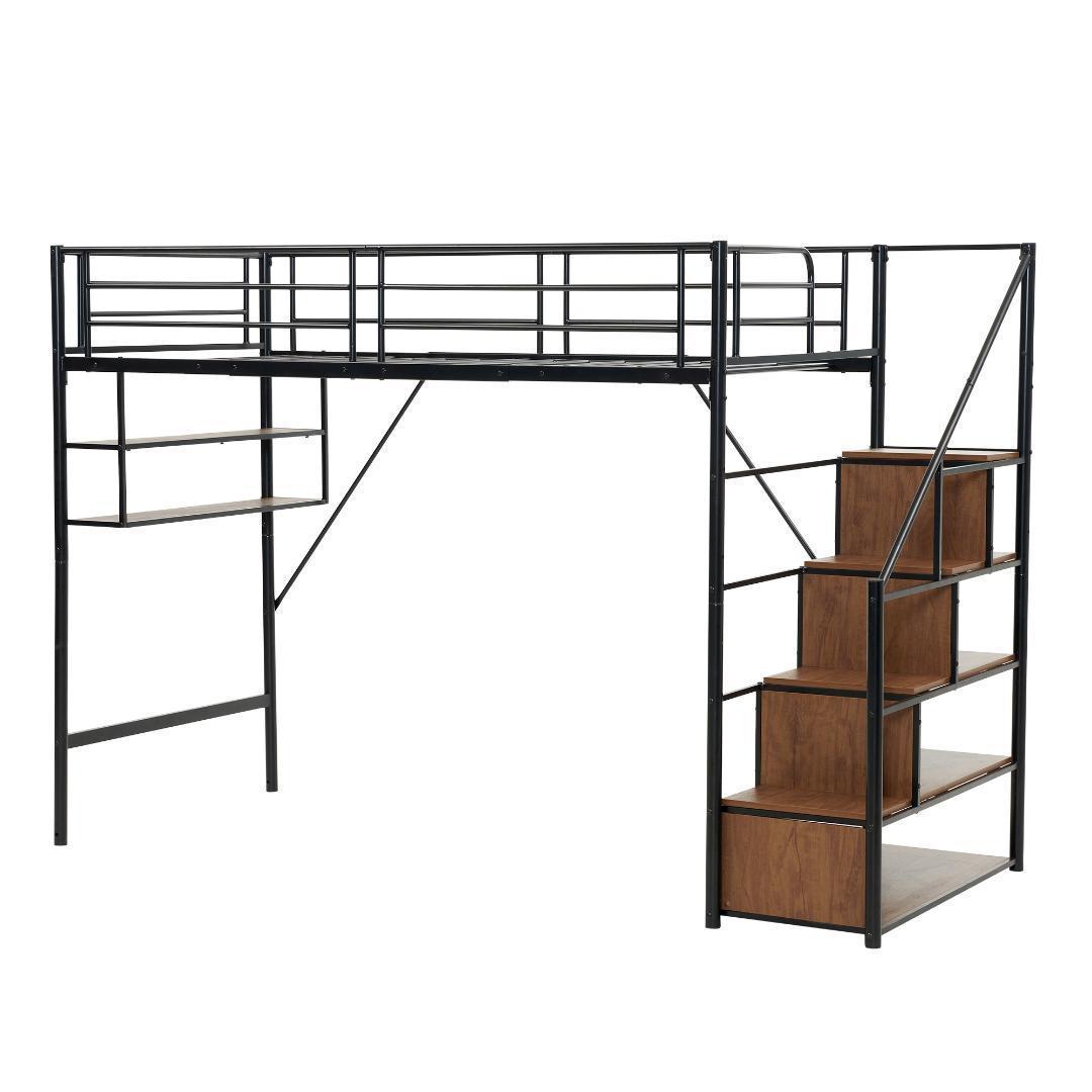 新作 ブラック　ロフトベッド 片側手すり付き 収納付き パイプベッド