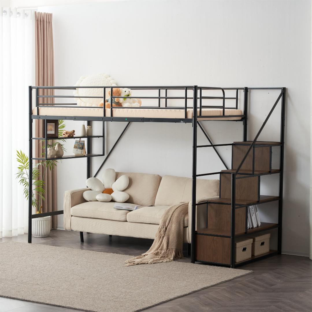 新作 ブラック　ロフトベッド 片側手すり付き 収納付き パイプベッド