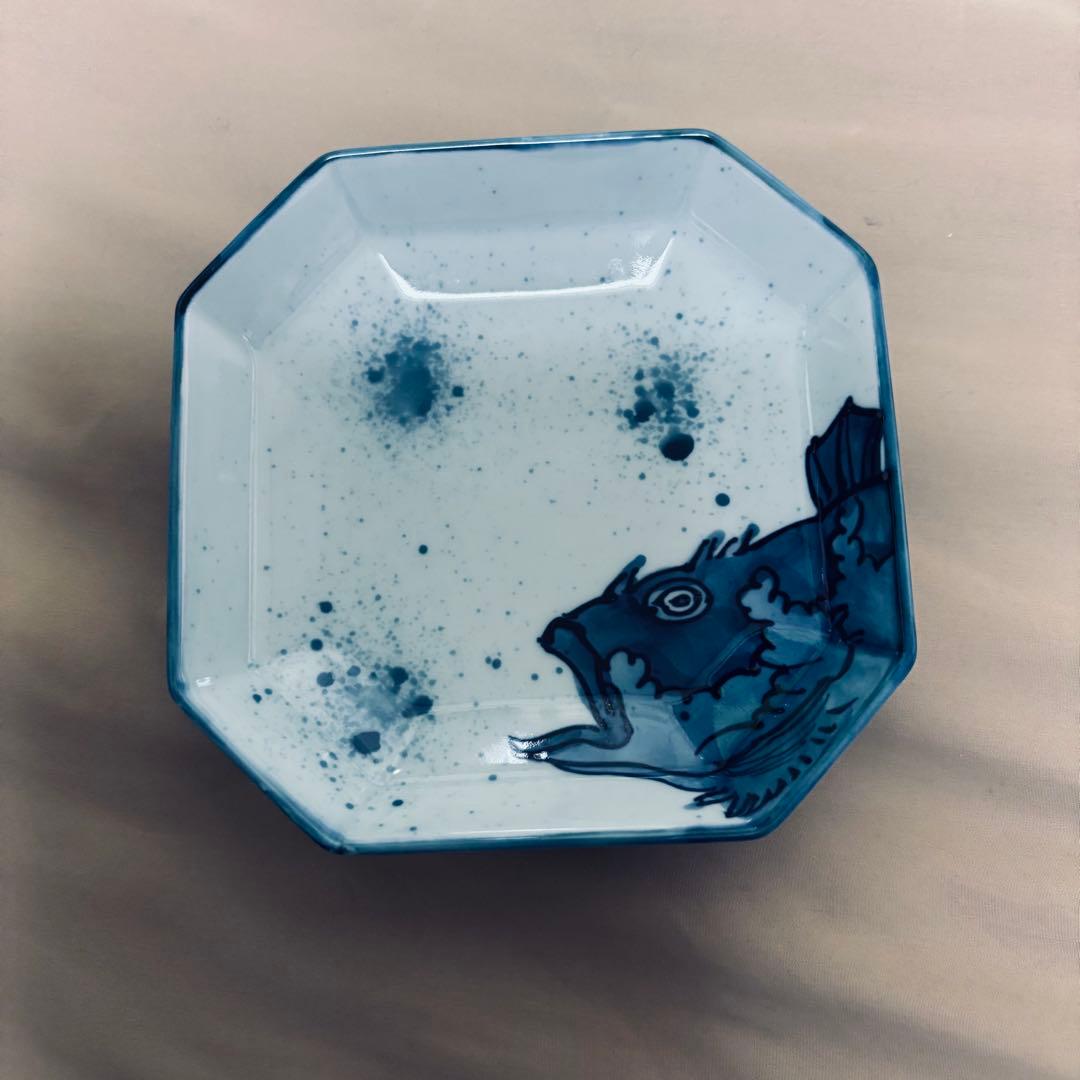 古伊万里 源右衛門作 染付 吹墨 魚図　銘々皿 5枚 有田焼
