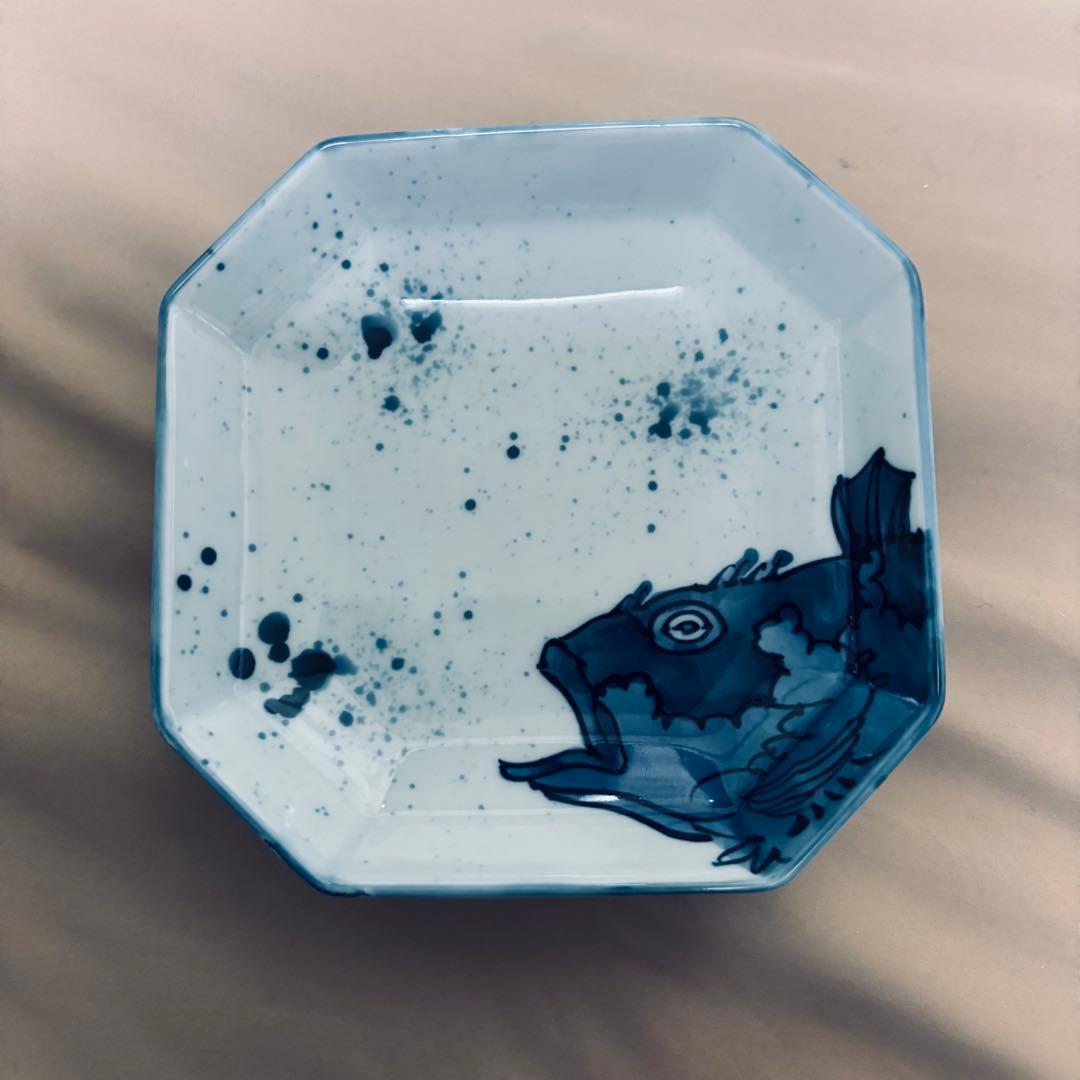 古伊万里 源右衛門作 染付 吹墨 魚図　銘々皿 5枚 有田焼