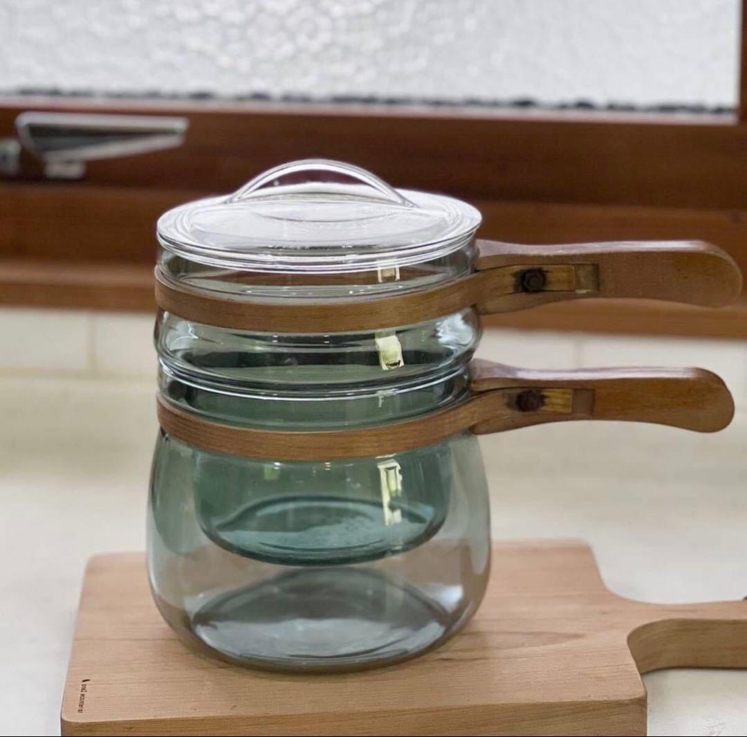 激レア　戦時中モデル old pyrex ダブルボイラー　ウッドハンドル