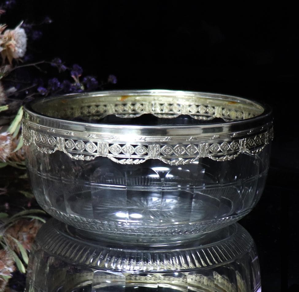 オールド・バカラ 1900年頃 多面体カット 銀装飾 大型鉢 ボウル 小物入れ