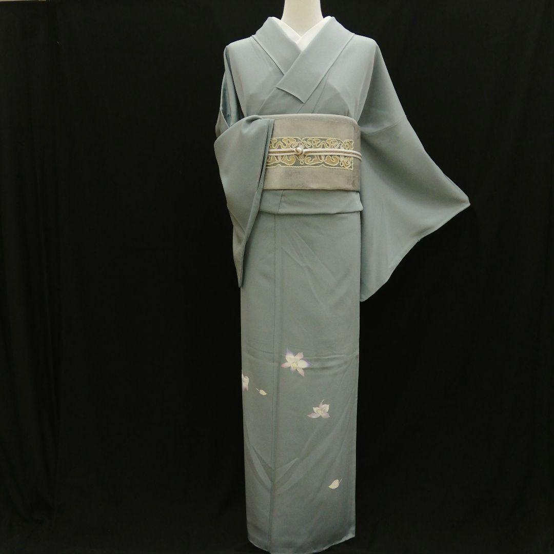 附け下げ(袷)　(洋蘭紋様　手描き京友禅(山崎 巌 落款)　身幅広め　利休鼠色)