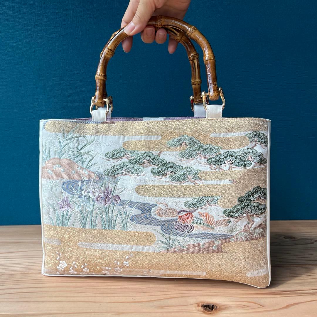 平安絵巻物バッグ 帯 リメイクバッグ 本金箔 バンブー トート 和装バッグ