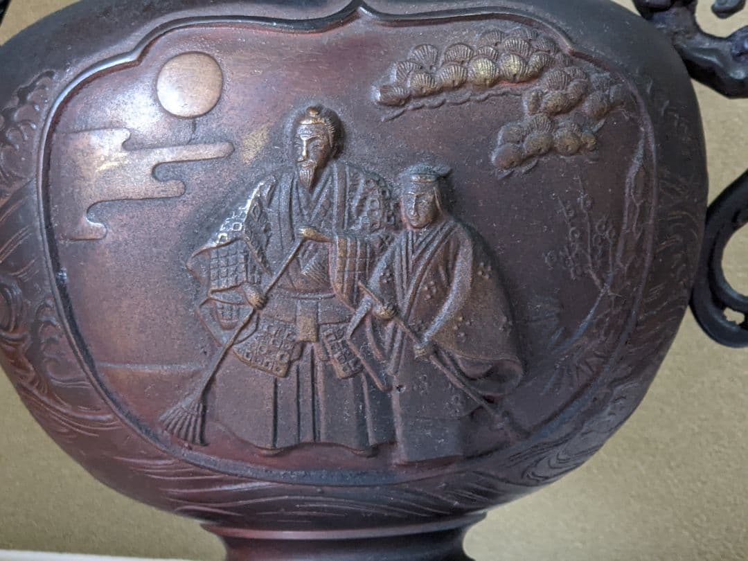 ♦高岡銅器 啓祐作 獅子飾り 鳳凰文 龍双耳 大香炉 唐銅 置物飾り 骨董品