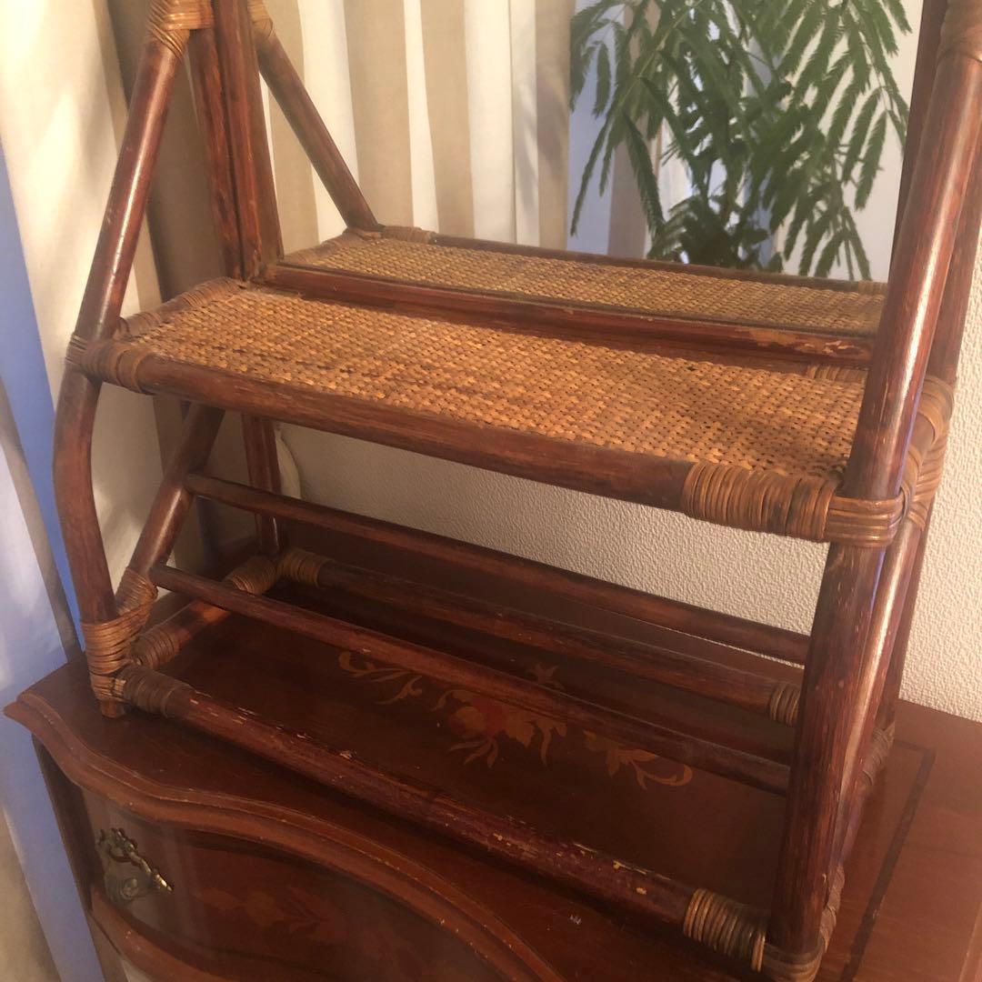 ヴィンテージ　ラタン　ミラー　立て掛け　壁掛け　タオルバー付き　籐　鏡