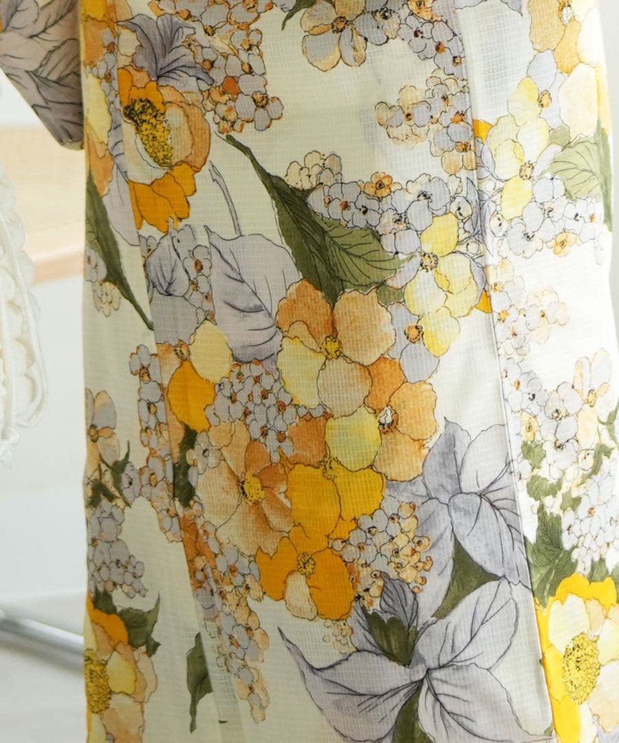 ウタタネ　花柄浴衣・帯セット（黄色・緑）