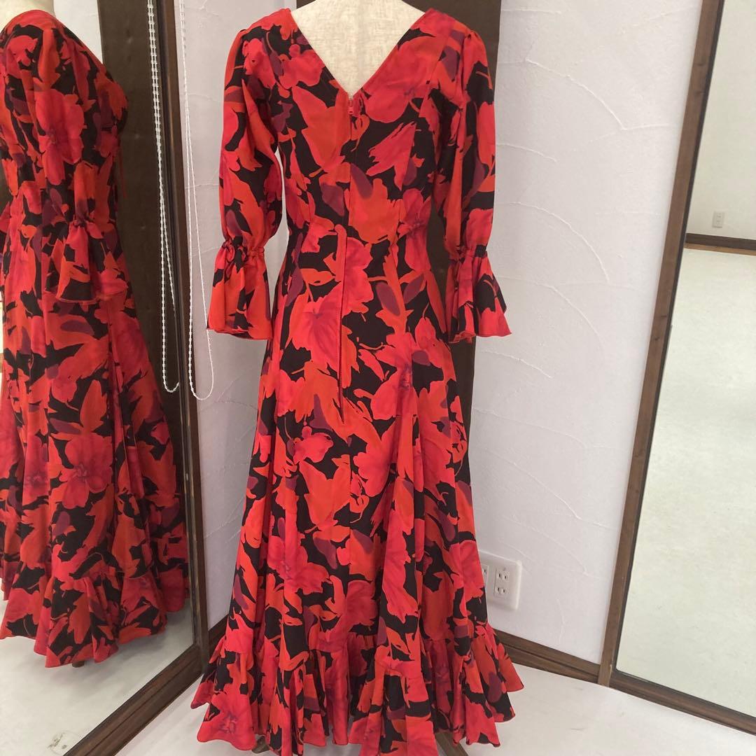 良品 フラメンコ衣装 ワンピース ティアード ロングドレス オーダーメイド 花柄