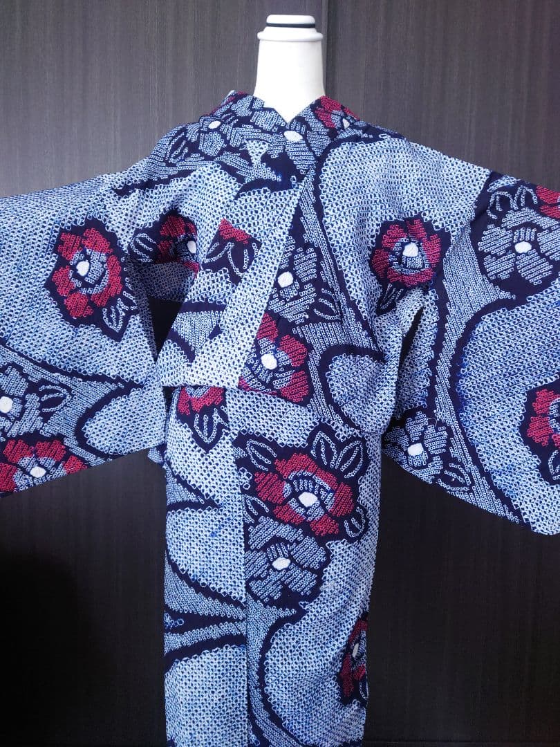有松絞り　浴衣　椿　しつけ糸付　花