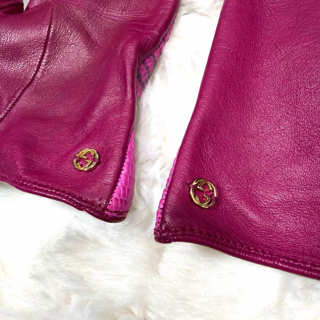 GUCCI グッチ GGインターロッキング ピンク パイソン レザー 手袋