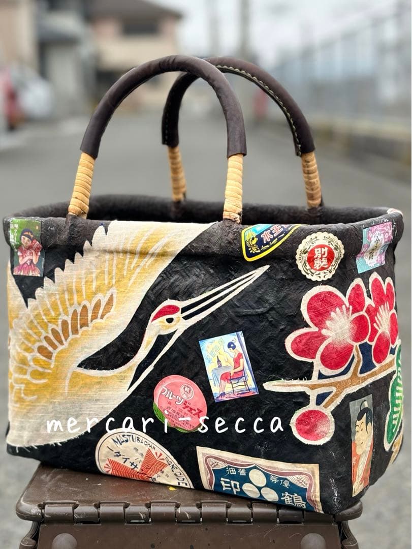 漆塗り一閑張りバッグ　鶴と亀　昭和レトロラベル