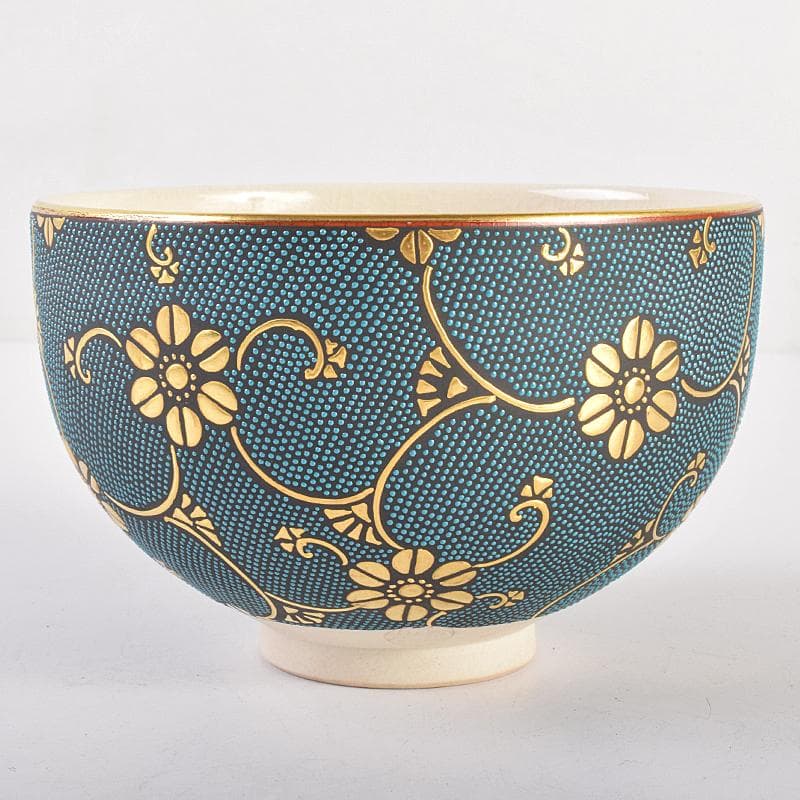 九谷焼　錦玉窯　中田錦玉造　渦打青粒唐草　細字和歌文　茶碗　共箱　F　R7709