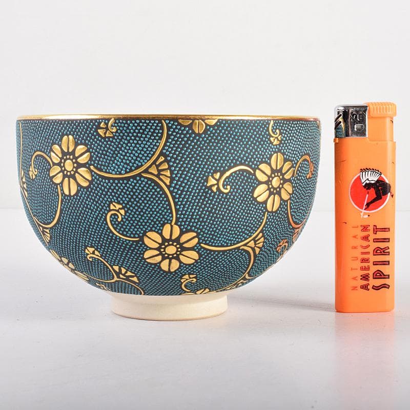 九谷焼　錦玉窯　中田錦玉造　渦打青粒唐草　細字和歌文　茶碗　共箱　F　R7709