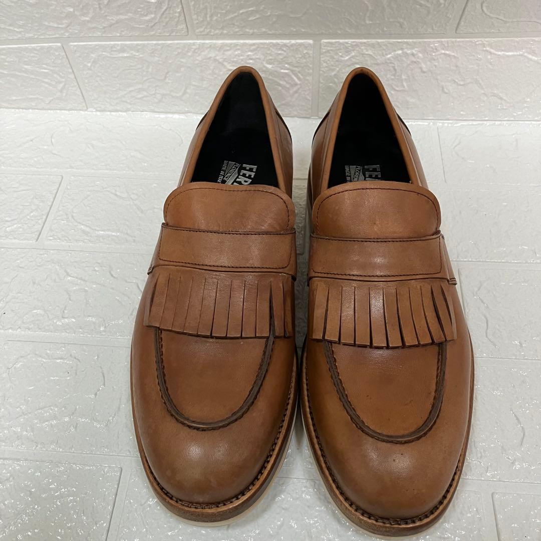 FERRAGAMO フェラガモ ブラウンレザー フリンジローファー 7 2E