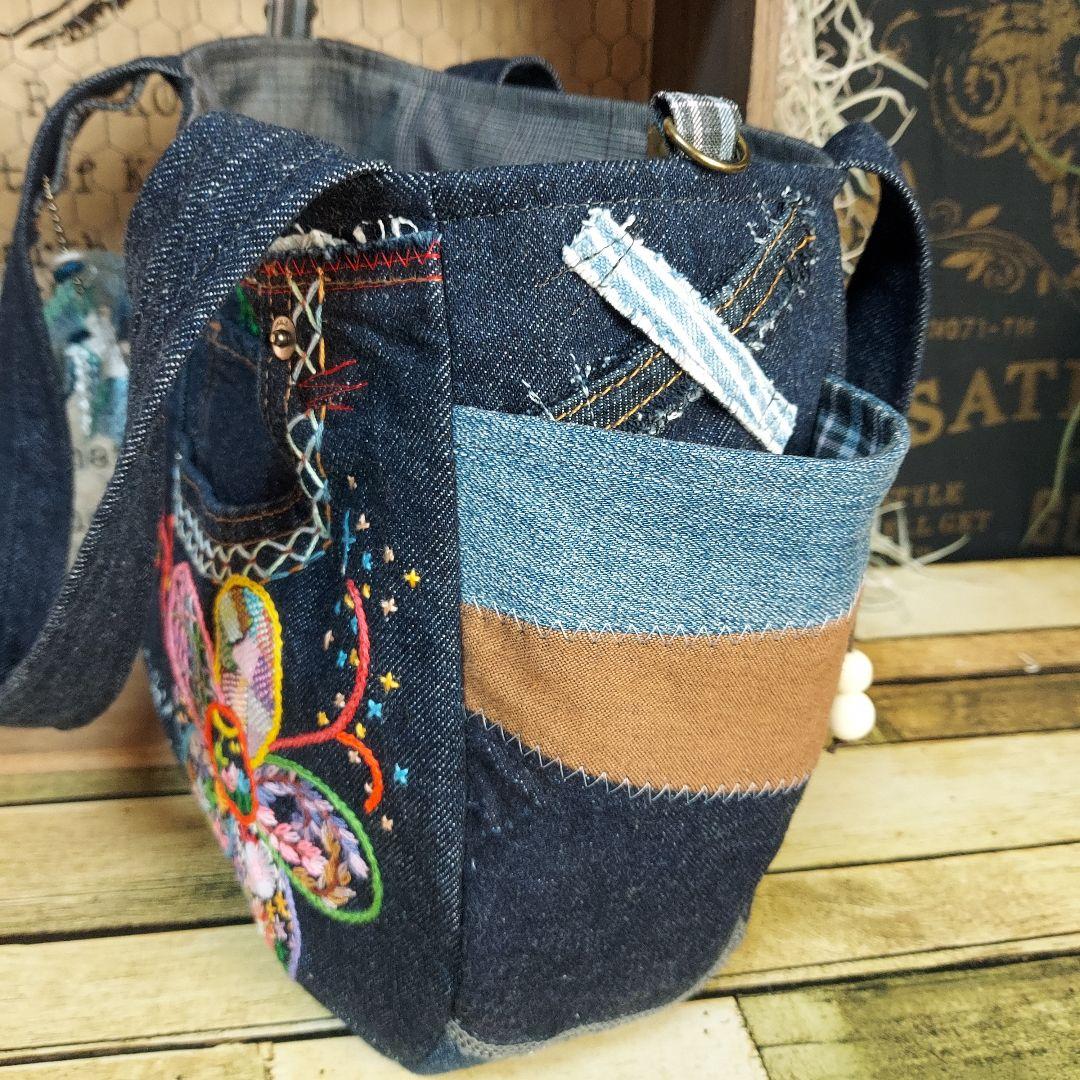 【MINMI】刺繍デニムバック　No.664　デニムリメイク