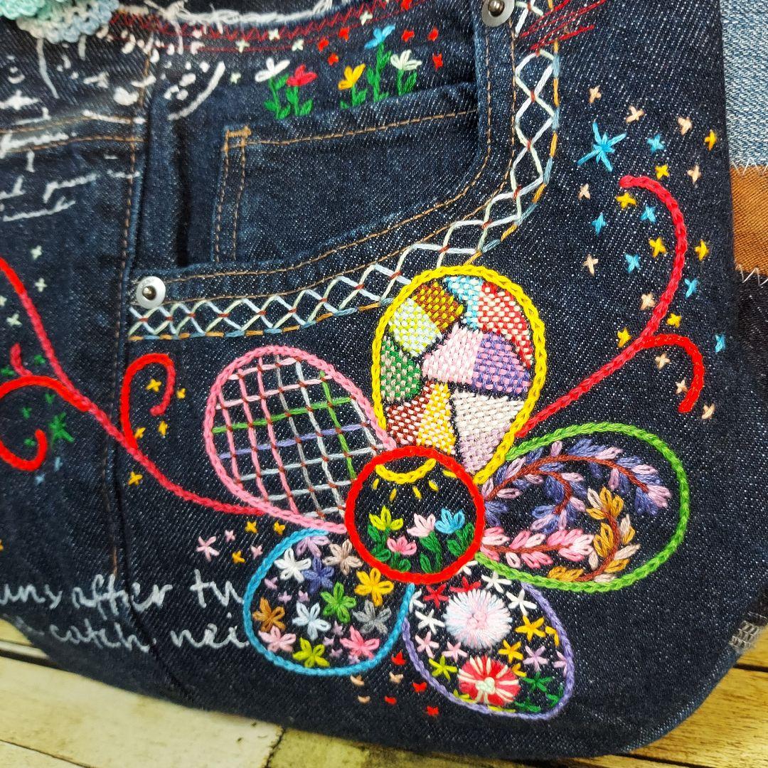 【MINMI】刺繍デニムバック　No.664　デニムリメイク