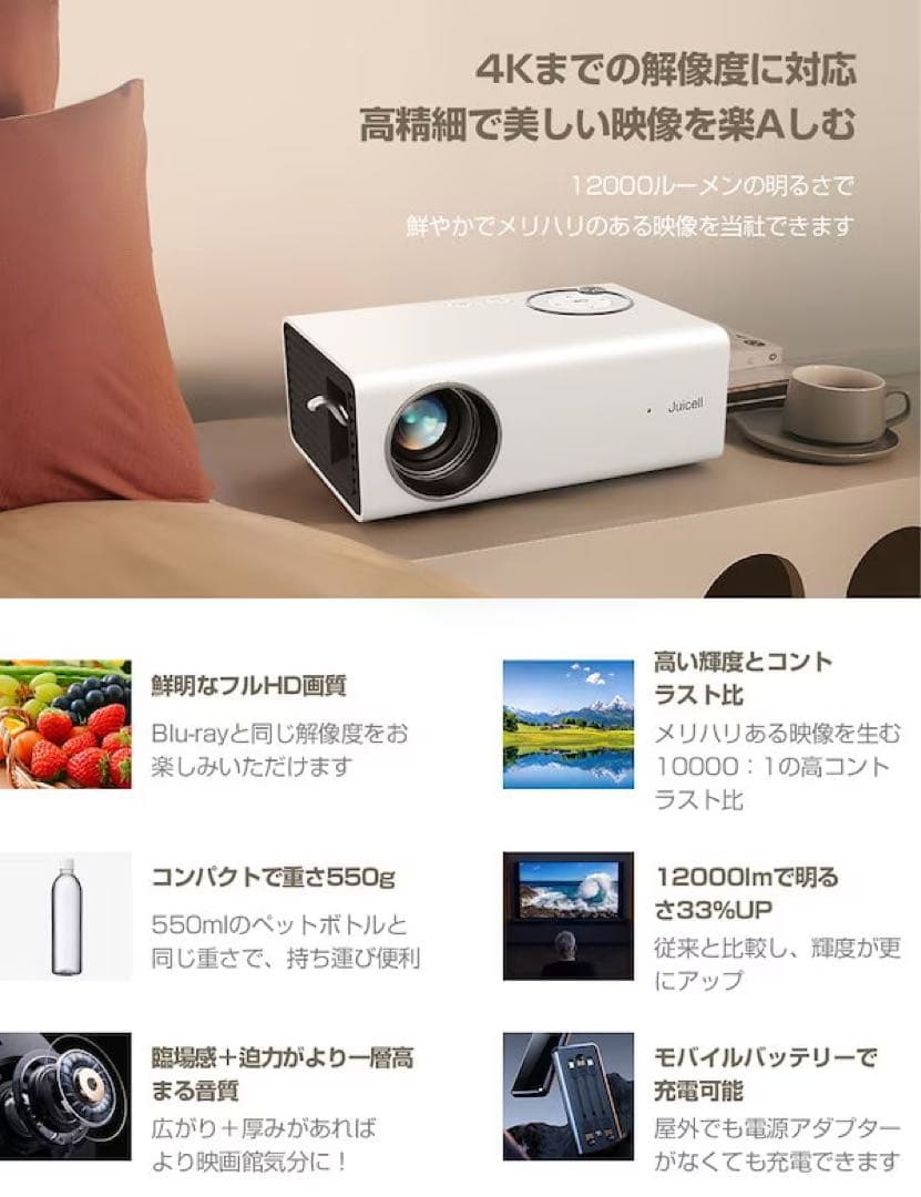 プロジェクター 超小型 12000LM 1080Pネイティブ解像度 4K対応