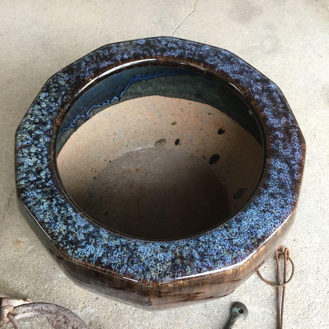 1246 火鉢 金魚鉢 陶器 入れ物 五徳 火挟 弁慶(銅製？) セット