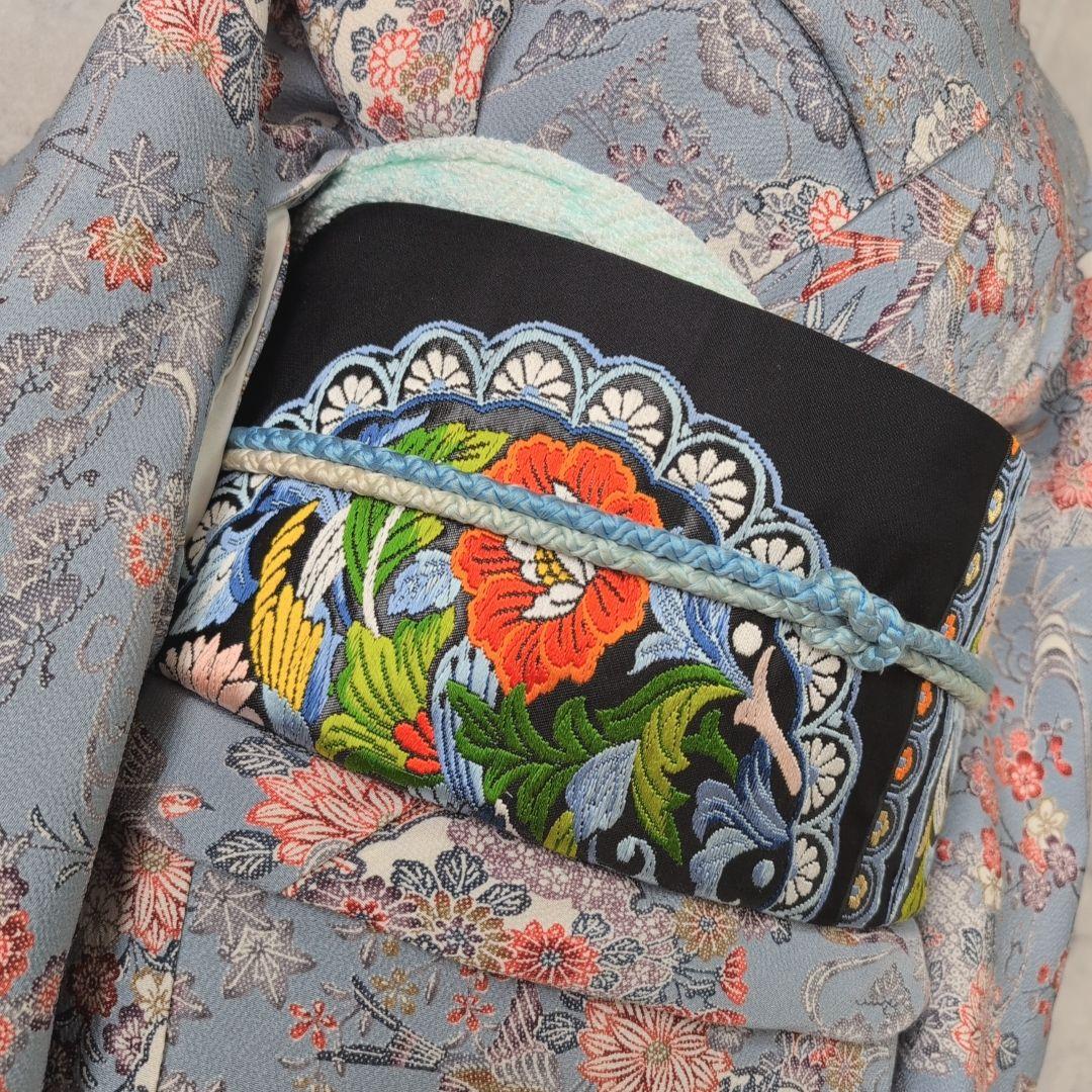 小紋　フルセット　着物　正絹　グレー水色地　鳥　花　彩　バチ衿　着物生活　E1