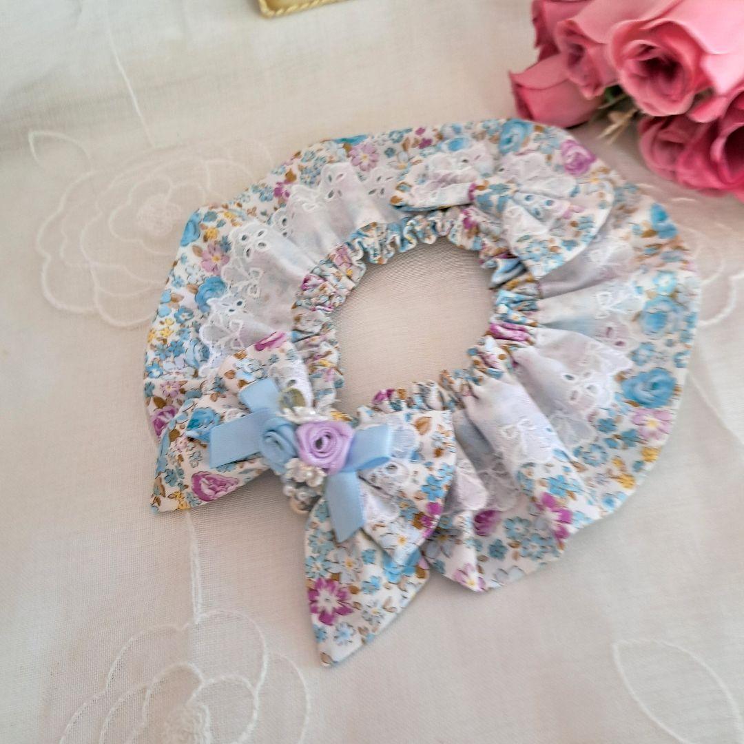 satopi、幅広シュシュ(ブルー&パープルローズ)わんちゃん猫ちゃん用