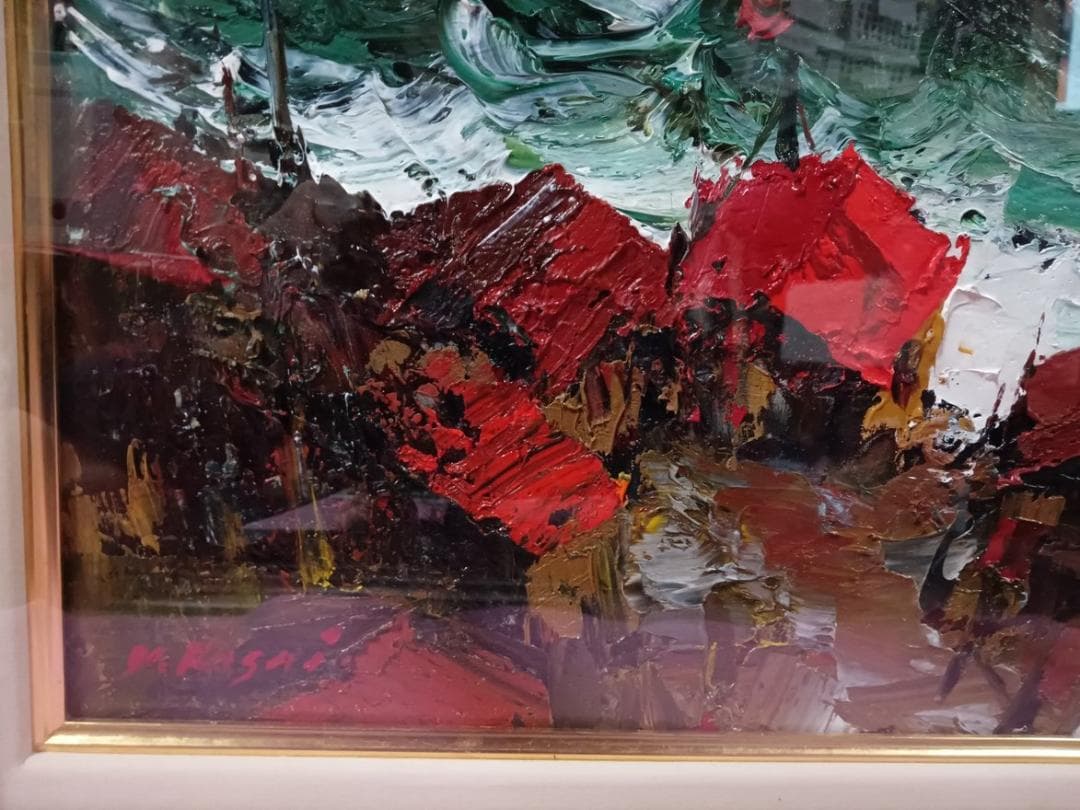 油彩画　葛西四雄作「北の浜辺」F8号　額付　サイン有　真作保証品