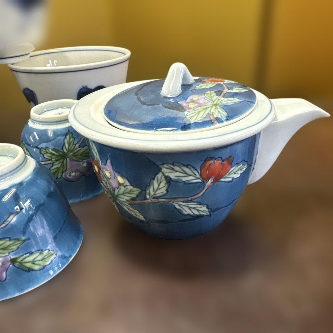 平安，京焼，有田焼，清水焼，茶道具セット 青色花柄 急須 茶碗 湯呑み