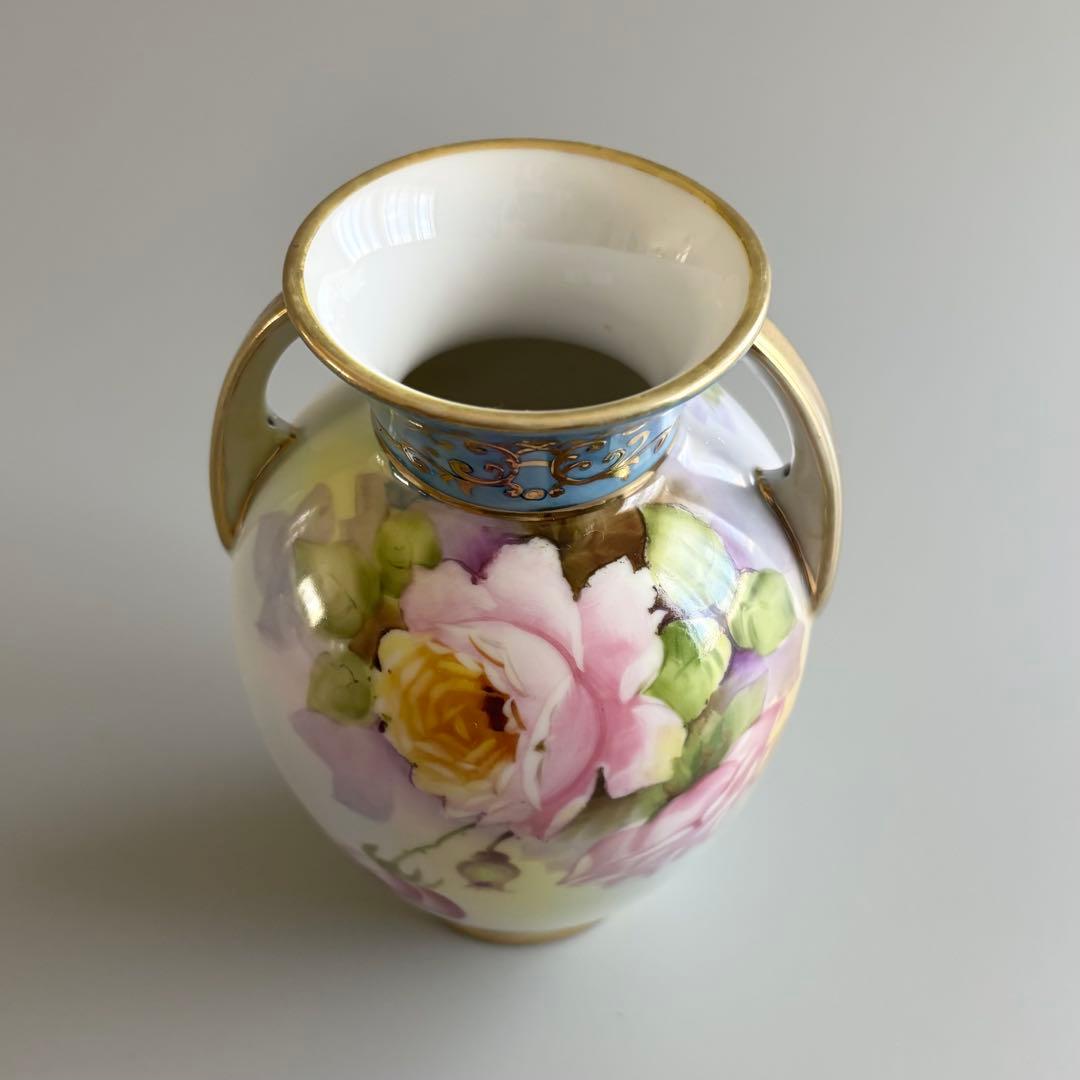 アンティーク　オールドノリタケ　総手描き　薔薇文　金彩ハンドル　花瓶　【稀少品】