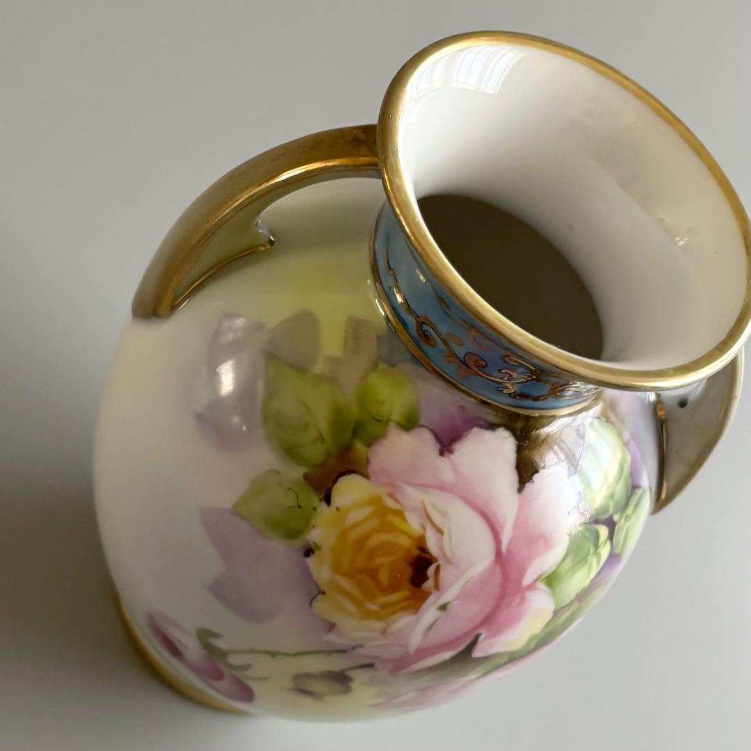 アンティーク　オールドノリタケ　総手描き　薔薇文　金彩ハンドル　花瓶　【稀少品】