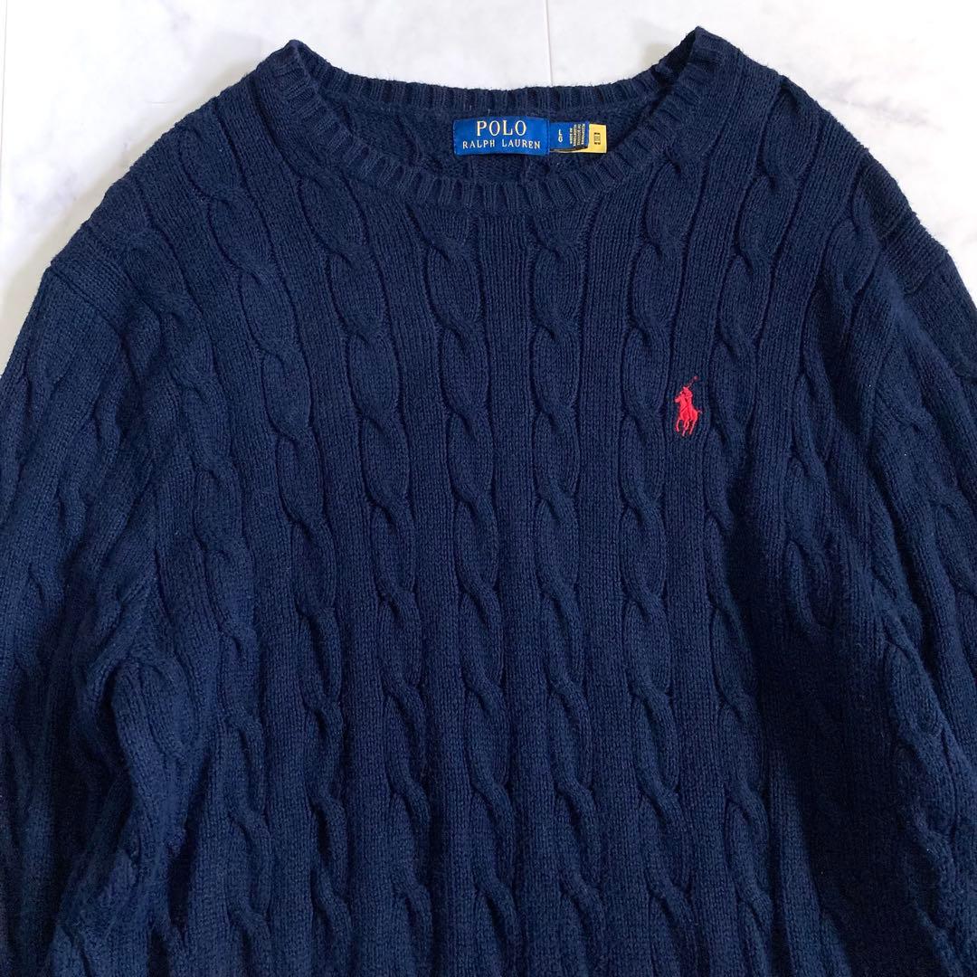 美品 ポロラルフローレン 現行タグ ケーブルニット ネイビー Lサイズ コットン