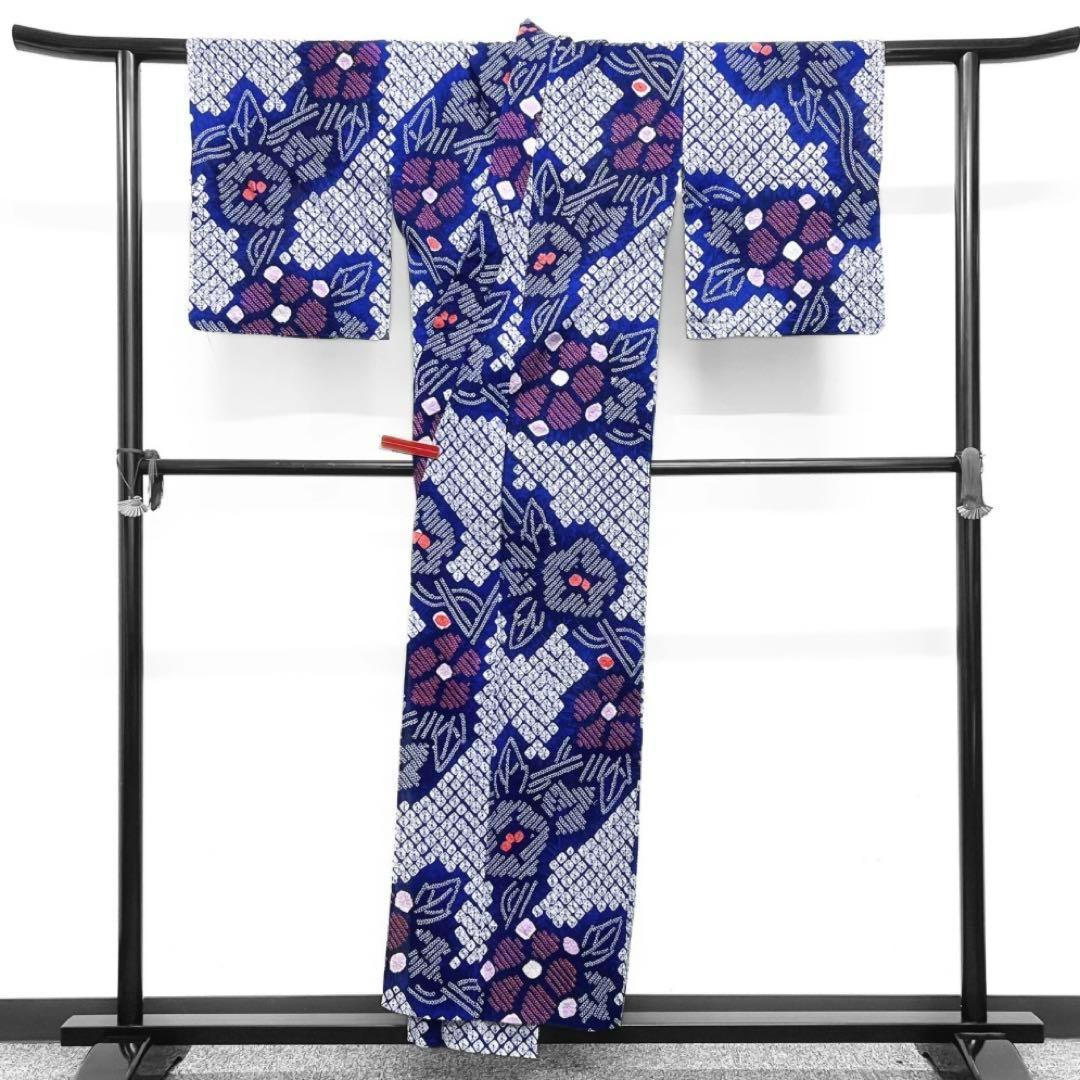 浴衣　有松鳴海絞り　朝顔　花模様　蔦　鹿の子　着物　064w d