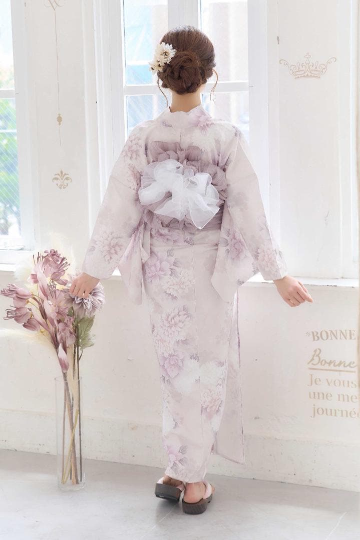 薄紫色花柄浴衣・帯セット＋オーガンジー白兵児帯