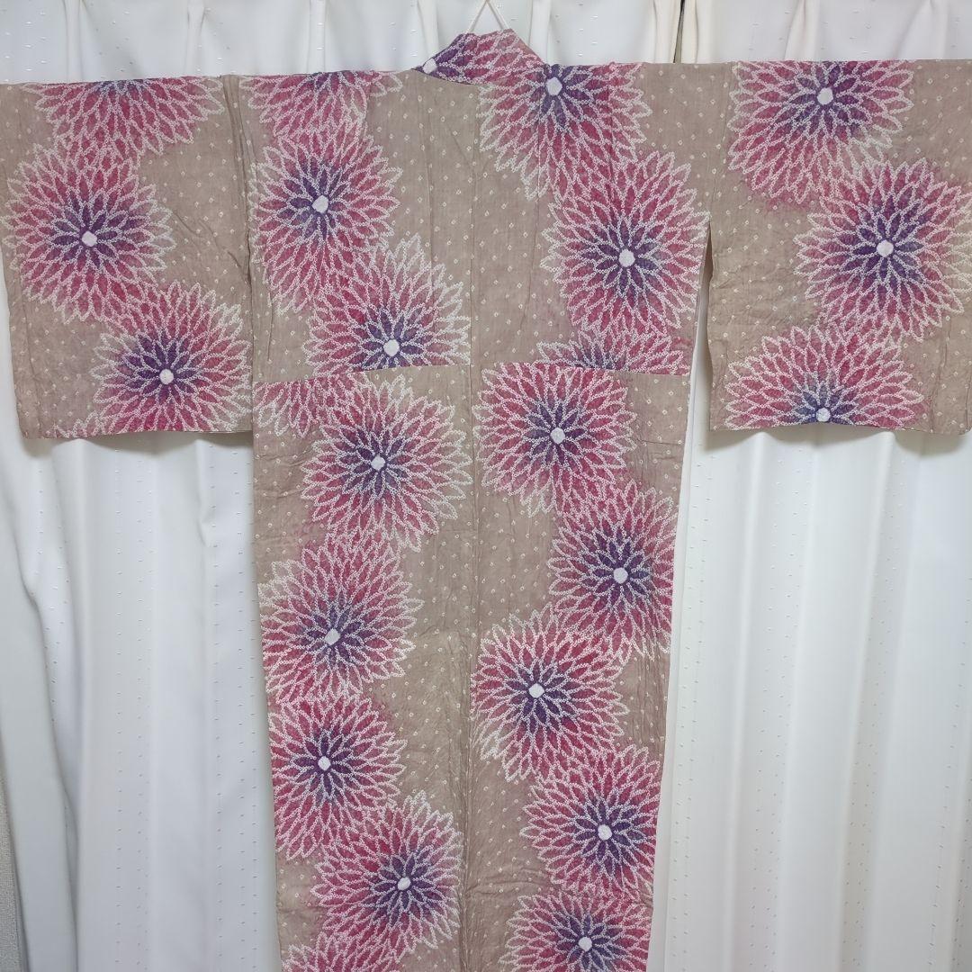 有松絞り 浴衣 ダリア 花柄 ベージュ ピンク 紫