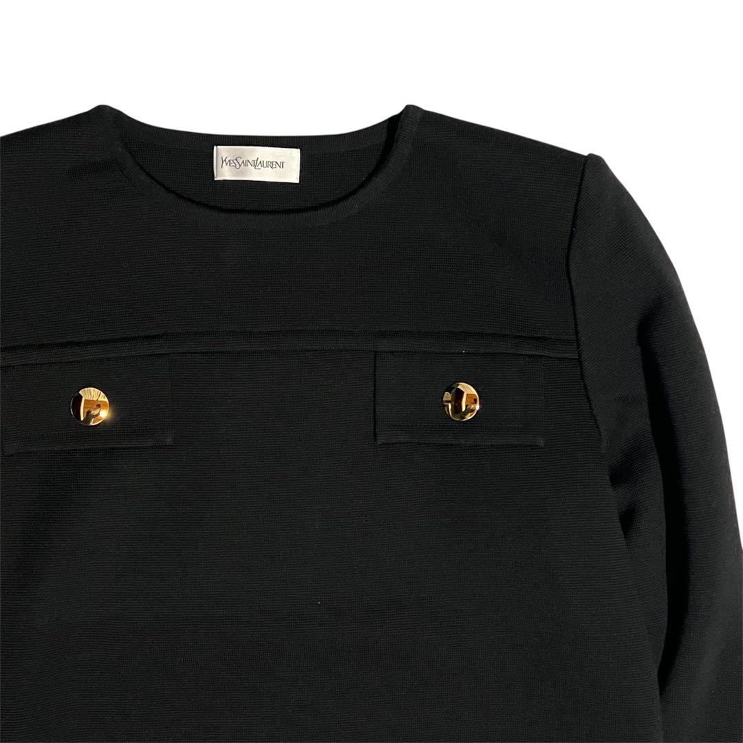 イブサンローラン ブラック ワンピース ウール L 金ボタン 膝丈