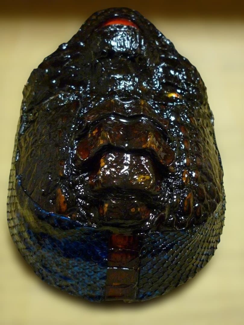 小面の面表面にワニ革（カイマン）と蛇革（パイソン）を張った作品